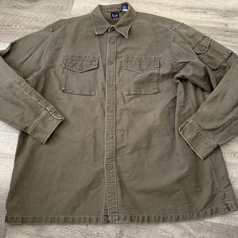 Vintage 90s GAP Blue Tag Men L Long Sleeve Utility Shirt Khaki Olive Flap Pocket
